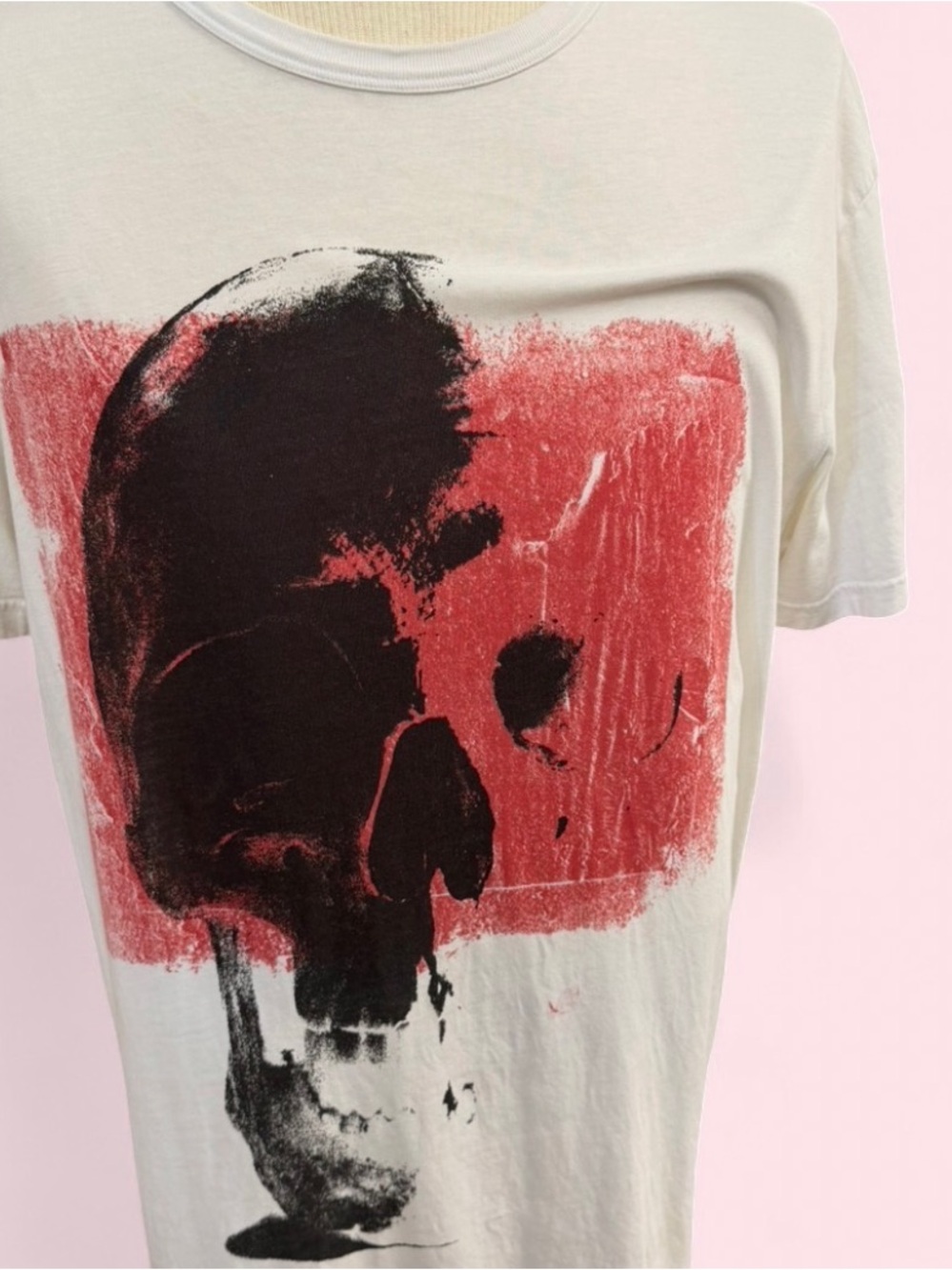 Alexander McQueen White Tee with Red Block and Black Skull Graphic